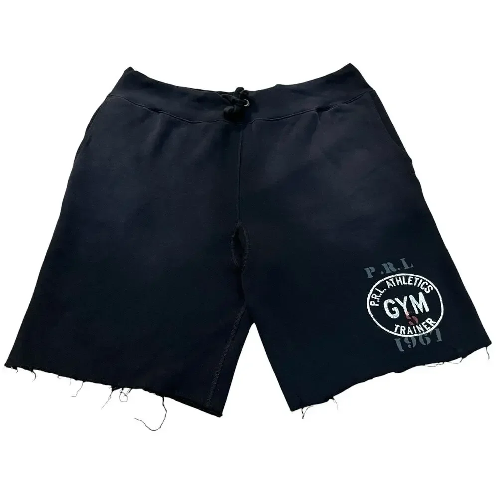 Polo Ralph Lauren Mens Gym Sweatshorts XL Logo Cutoff Frayed Fleece Lined Black
